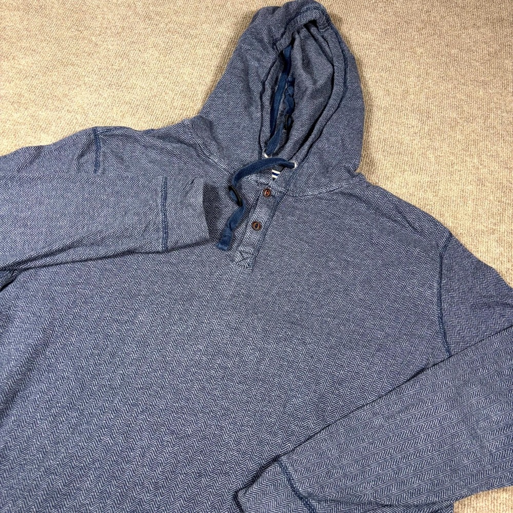 Ruff Hewn Henley Hoodie Mens 2XL Blue Chevron Textured Knit Side Slit Drawstring